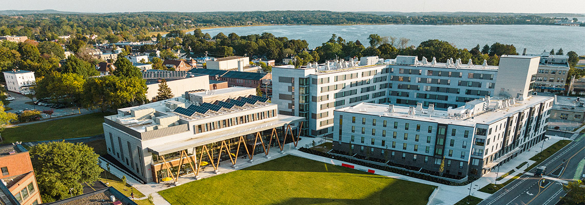 An aerial view of the University of Southern Maine Portland campus, with a view of Back Cove.