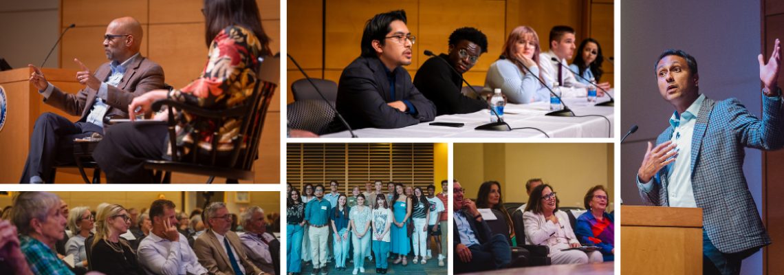 A collage of six photos from the 25-26 USM Forum on American Democracy. More description at the bottom of the page.