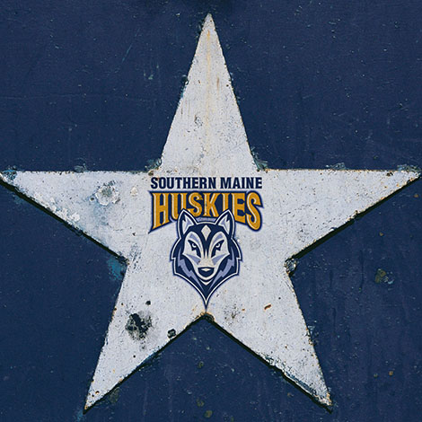 The Southern Maine Huskies logo appears within a white star on a dark blue background.
