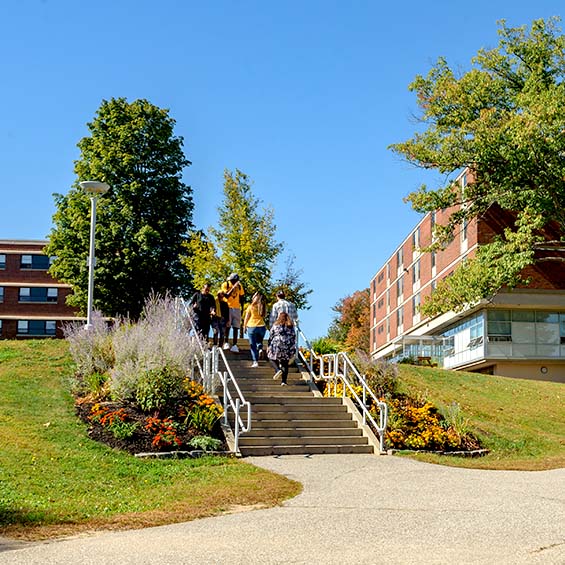 A cluster of students ascending and descing an outdoor staircase on our Gorham campus on a bright autumn day.