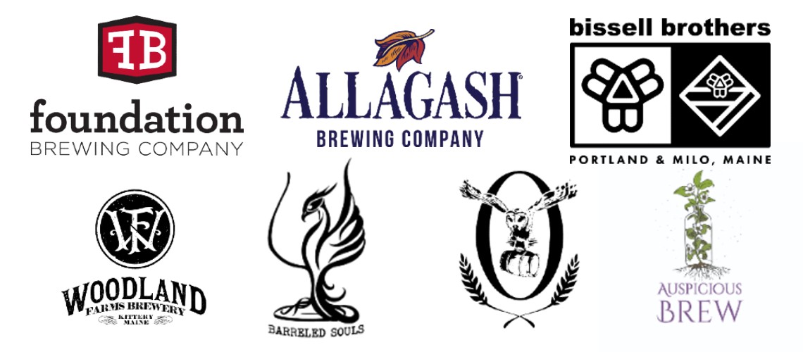 A selection of brewery logos in two rows. Top row: Foundation Brewing Company, Allagash Brewing Company, Bissell Brothers
Bottom row: Woodland Farms Brewery, Barreled Souls, Oxbow, Auspicious Brew