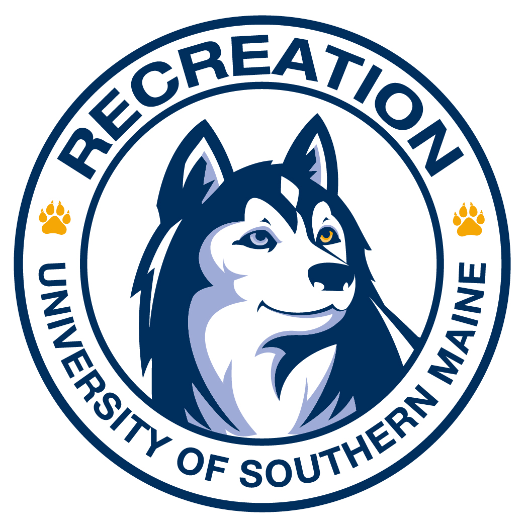 A circular graphic with an image of mascot Champ the Husky in the center, surrounded by the words “University of Southern Maine Recreation”.