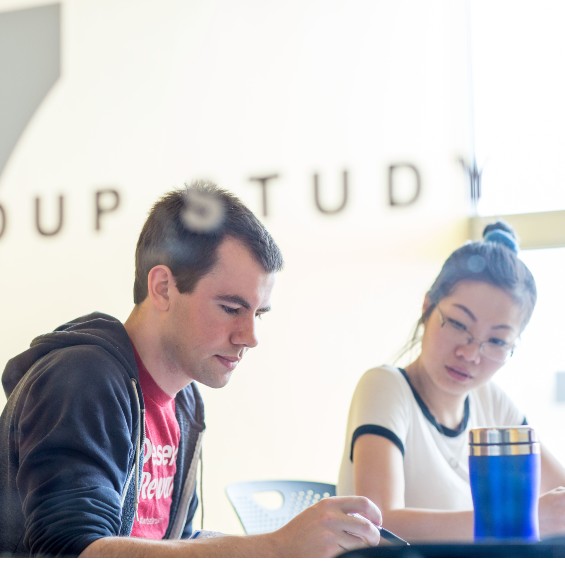 Two students regarding a document behind a glass wall that says "Group study."