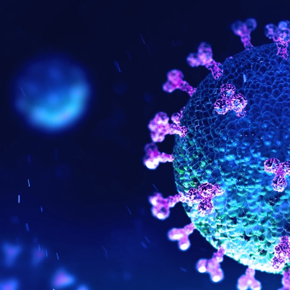 A close up image of a virus bathed in a blue light.