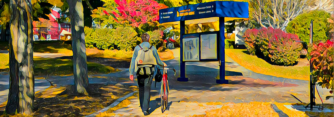 An artistic rendering of a student walking their bicycle up a path, wearing a backpack.