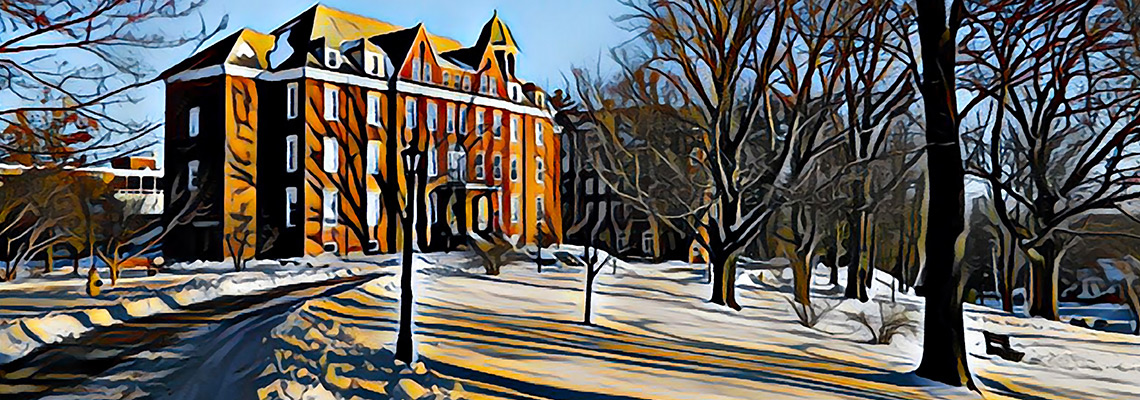 An artistic rendering of Robie Andrews Hall on the USM Gorham campus on a snowy day.