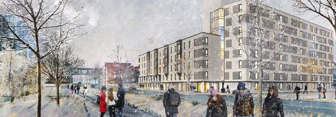 Snowy exterior graphic of Portland Commons