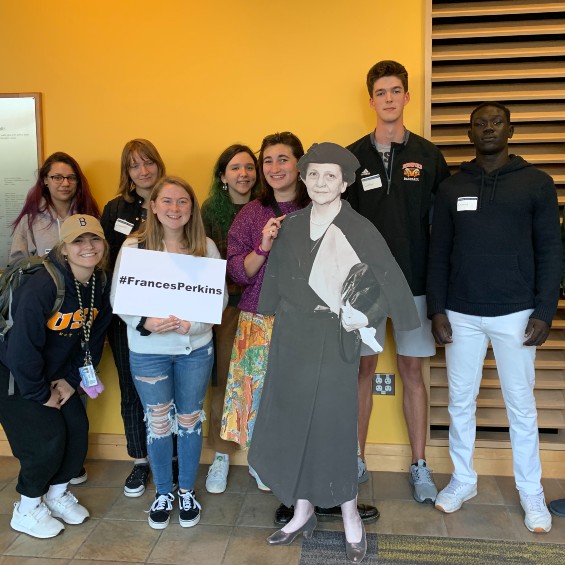 Social Justice LLC students with Frances Perkins standee