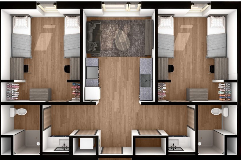 Overhead view of a four-person double apartment- 2 bedrooms with 2 twin beds, desks, chairs, closets, and bureaus, two shared bathrooms, and a shared common room, closet, kitchen, and washer and dryer.