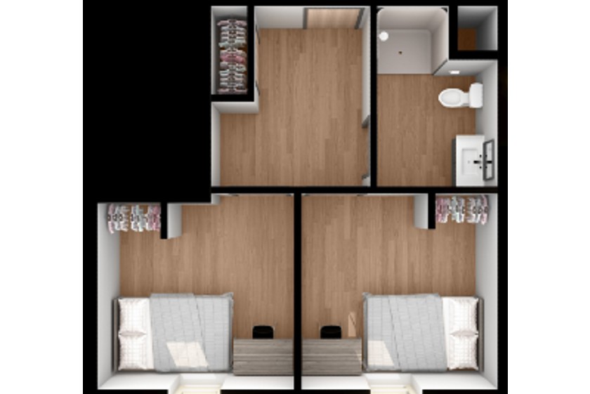 Overhead view of a two-person single suite with single bedrooms and a shared restroom and entryway with a closet.