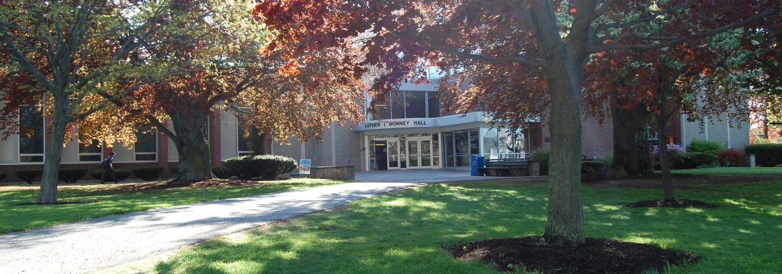 Image of Luther Bonney Hall at USM Portland in the Spring
