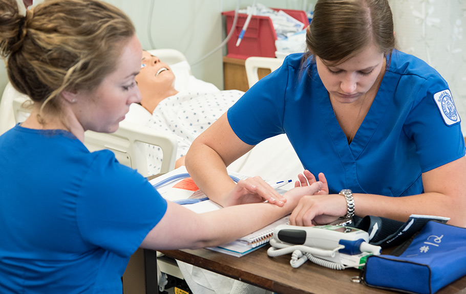 The Fundamentals of Nursing Lab on the Portland Campus provides a space for students to practices their skills through role-playing and through various simulation modalities.