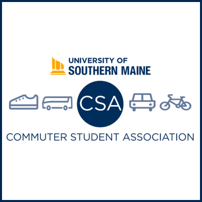 Commuter Student Association logo including the letters "CSA" in a blue circle with an icon of a shoe, bus, car, and bike.