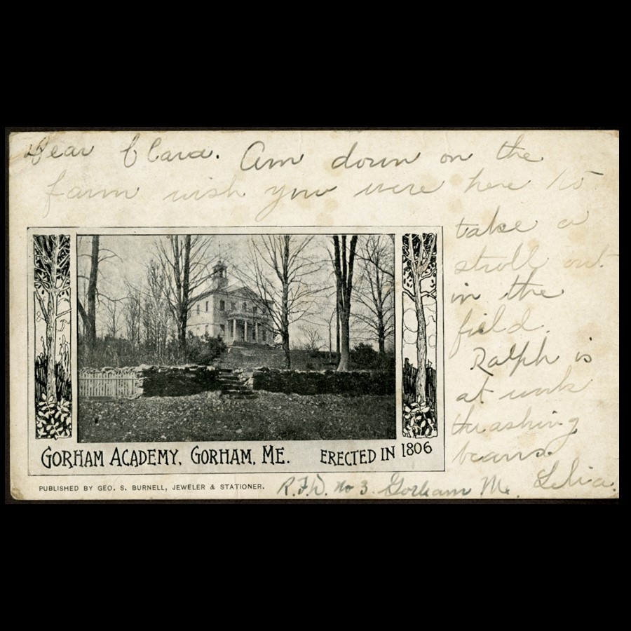 Postcard with handwriting and a photograph of Gorham Academy