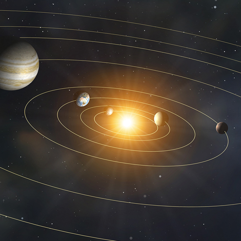 Solar system rendering with orbital trajectories