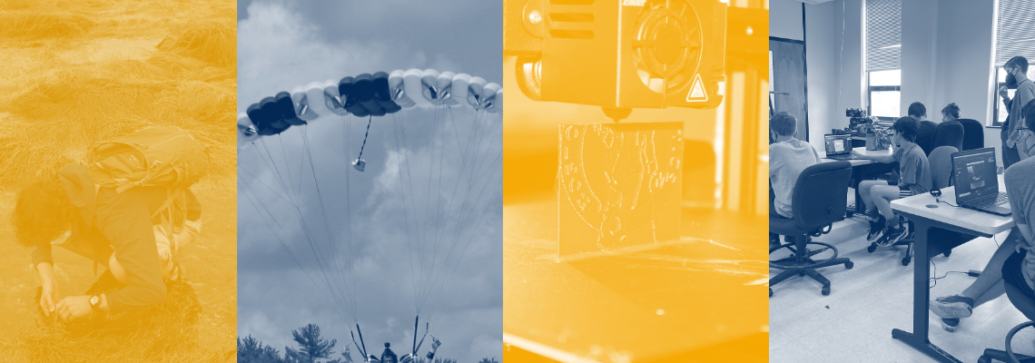 Stylistic photos of an outdoor environment, a CubeSAT attached to a parachute, a 3D printer, a computer lab