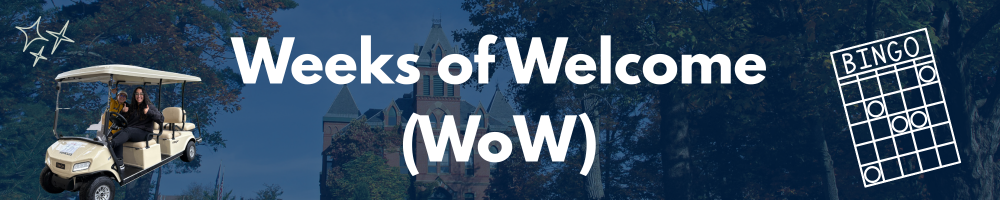 dark blue banner with words "Weeks of Welcome" and overlaid images of people in a golf cart and a bingo board