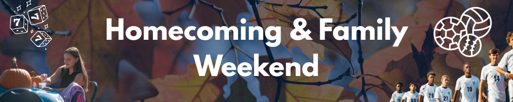 dark blue banner with words "Homecoming & Family Weekend" overlaid with images of students painting pumpkins and student athletes lining up