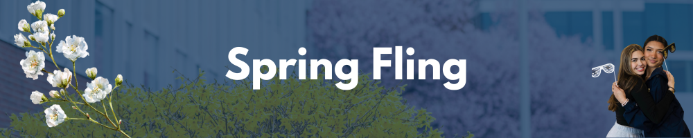 dark blue banner with words "Spring Fling" overlaid with images of flowers and two students with photobooth props