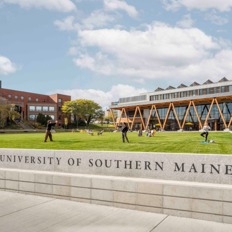 Photo of McGoldrick Center with view of the University of Southern Maine wall