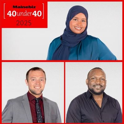 MaineBiz 40 under 40 2025 logo on top left, Amina Hasan ’21 (top), Charles Mugabe ’18 (lower right) and Nathan Henry ’22 (lower left)