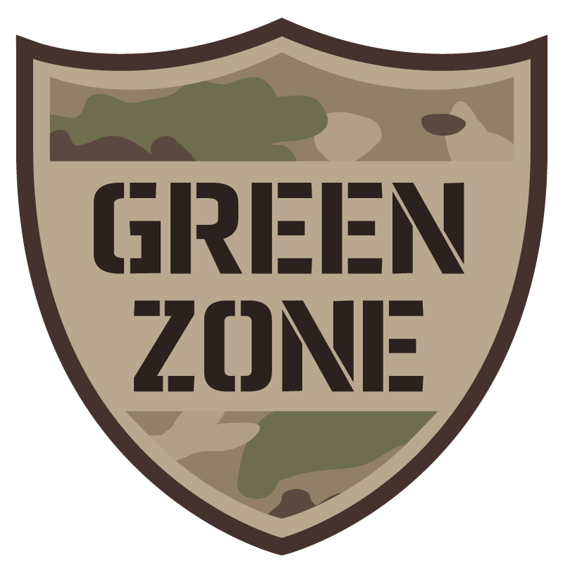 camouflage-patterned shield with text "green zone"