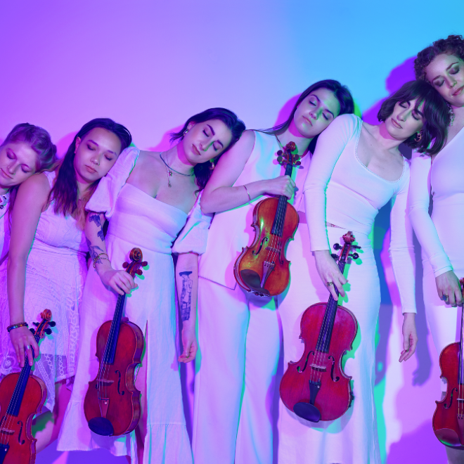 Members of Palaver strings lean on one another, each holding a violin or viola.