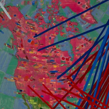 Detail of a painting titled "No. 6: Colonizing in North and Central America Since 1400" by Artist Dan Mills. The painting depicts of map of North America with colorful, hand-painted strokes on top.