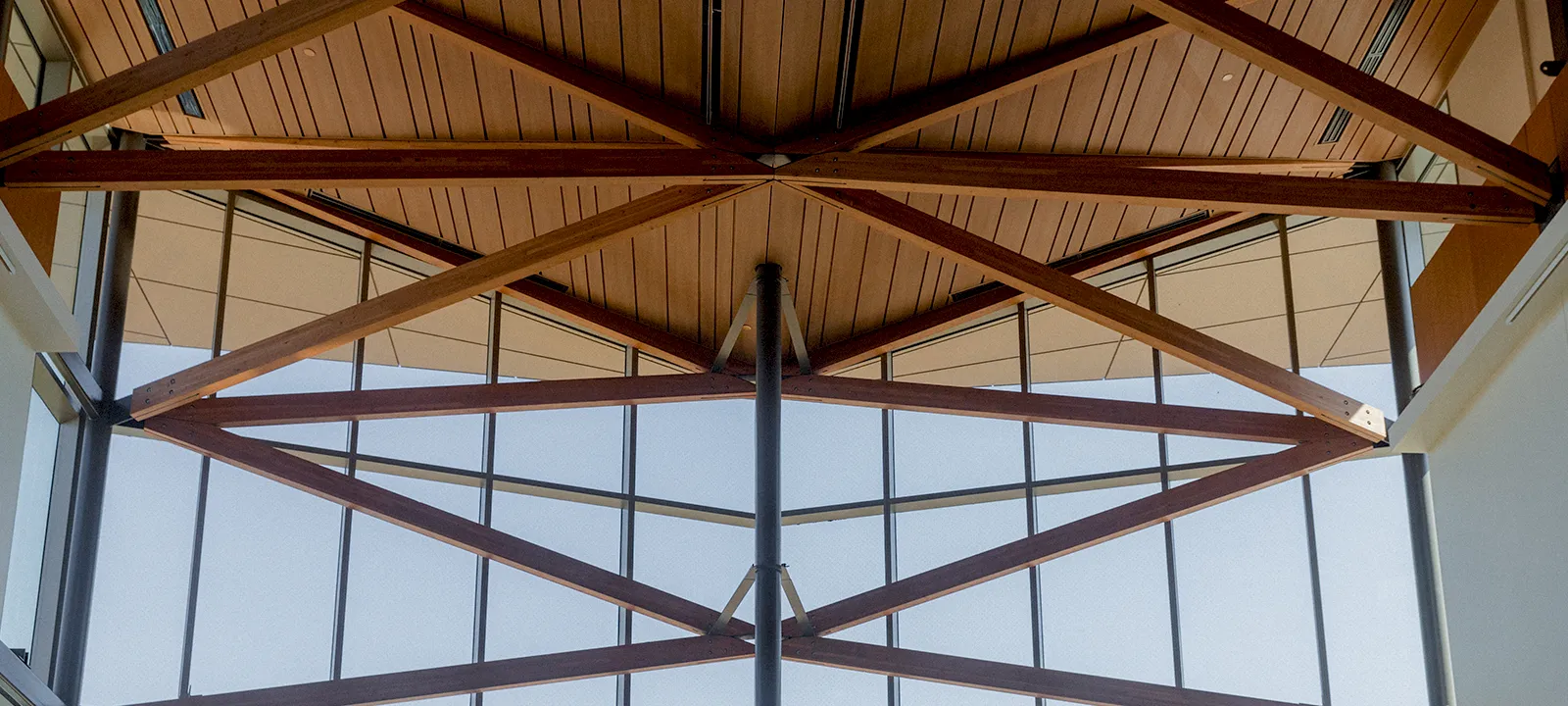 Looking out through the Great Hall Gallery entrance windows in the Crewe Center.