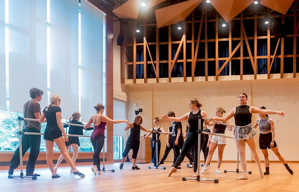 A group of students at 3 barres with outstretched limbs.