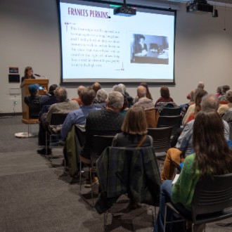 Organizers of the lecture about Frances Perkins had to bring in extra chairs to accommodate the standing room crowd.