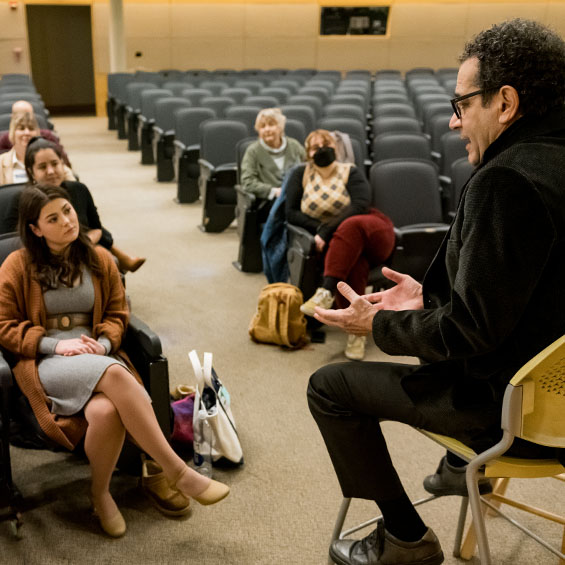 Tony Shalhoub '77 talks shop with theatre students in Hannaford Hall on our Portland campus.