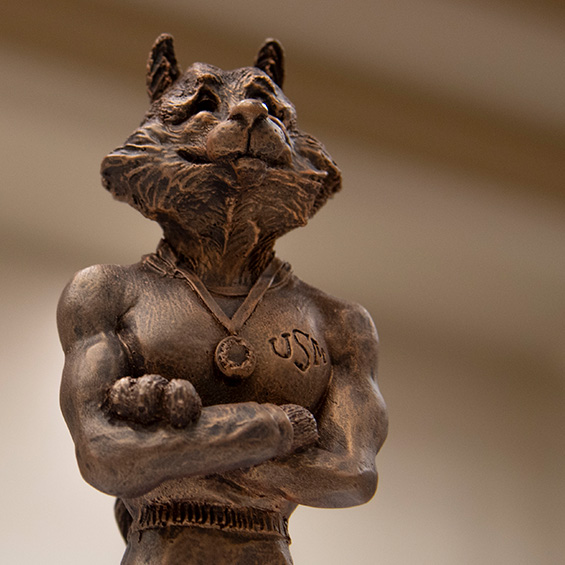 A closeup photo of a Husky Hall of Fame statue. A bronze, anthropomorphized, muscular Husky mascot stands with arms crossed over its chest. The husky is wearing a medal and USM is engraved on its shirt.
