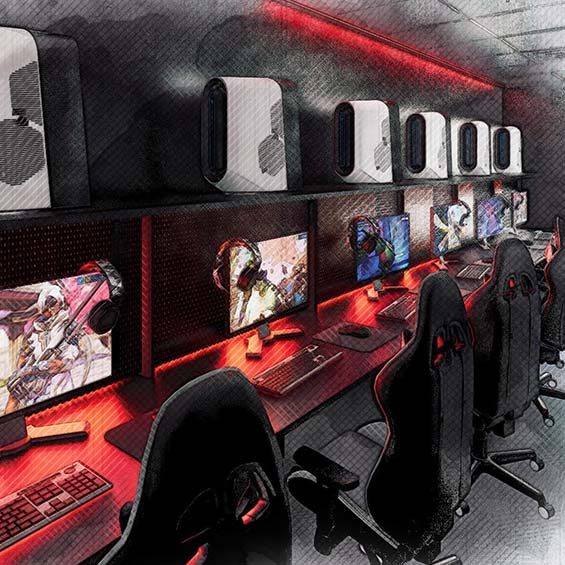 An architectural rendering depicting a row of gaming stations with computers, over-the-ear headphones, and gaming chairs.