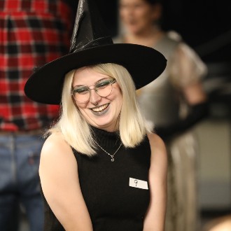 Salena Goodine dressed in character as the Witch of the West at the listening party for "The Wizard of Oz" radio play.