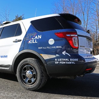 The Drug Enforcement Administration's One Pill Can Kill fentanyl awareness campaign arrived on campus in the form of a decal on a Public Safety cruiser.