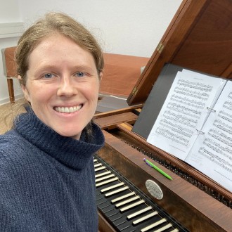 Tina Davis pauses while practicing a Mozart sonata on a 1780s-era replica fortepiano built by Rod Regier in Freeport. (Courtesy: Tina Davis)