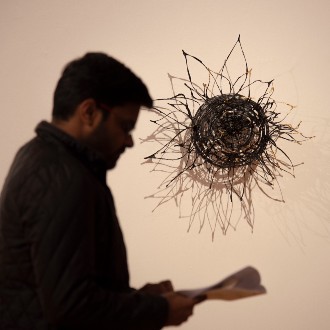 "Burst" by Ashley Page hovers over the shoulder of a visitor to the opening reception of "Life Forms: Grow" at the USM Art Gallery.