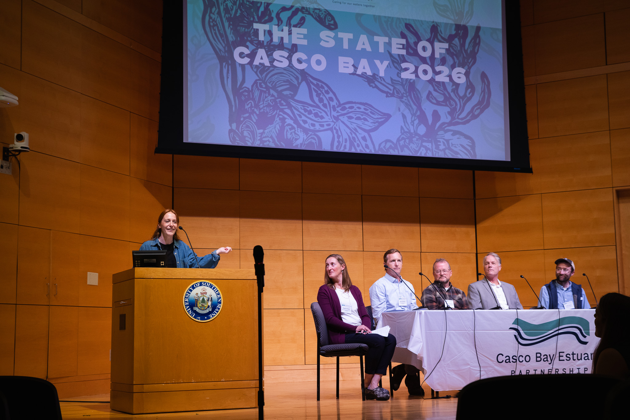 Speakers share research and program highlights during State of Casco Bay 2026 at USM's Abromson Community Education Center on Oct. 2.