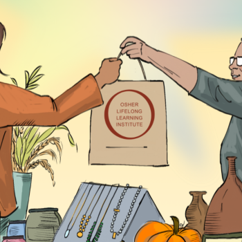 Illustration of woman handing over bag at craft fair. The bag contains the Osher Lifelong Learning logo.