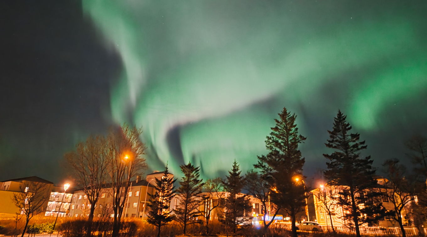 Northern lights (aurora borealis) glowing above Reykjavik, Iceland, photographed by USM Fulbright scholar Emma