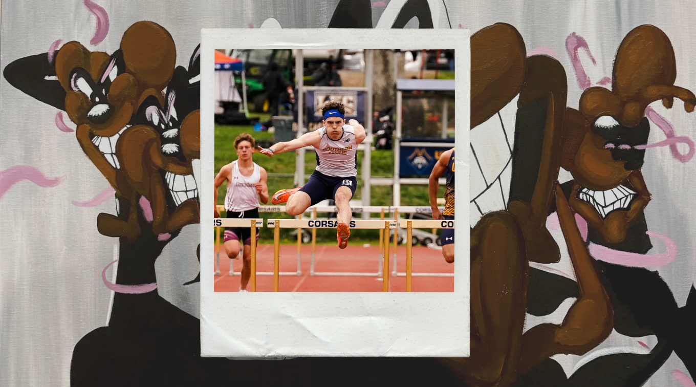A Polaroid photo frames Maddox Cahill mid-jump as he clears a hurdle during a track meet, it overlays his painting titled “Forever.”