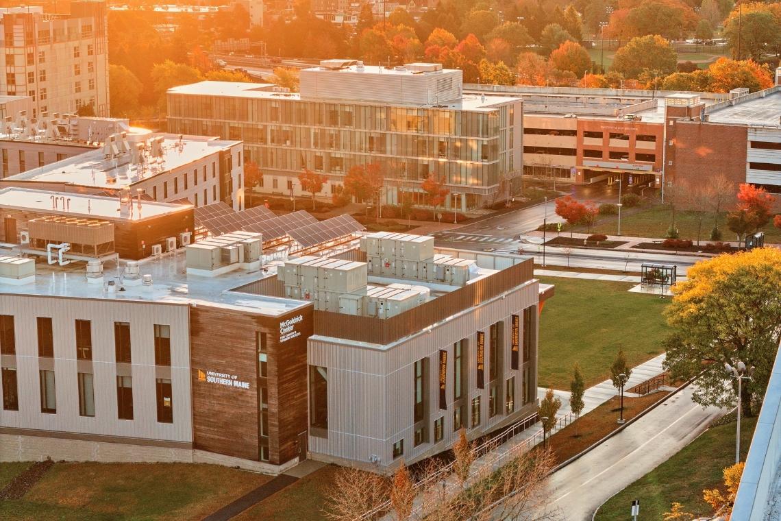 Sunrise over the McGoldrick Student Center and Portland Campus.