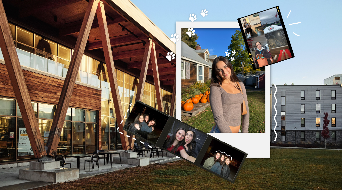 A collage of Emma's photo from the blog layered over a USM campus building, with a film strip of her and friends.