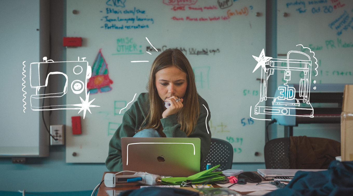 A student works on a laptop in the MIST Lab, surrounded by whiteboards covered in notes and project ideas. Illustrated graphics of a sewing machine and a 3D printer are overlaid on the image.