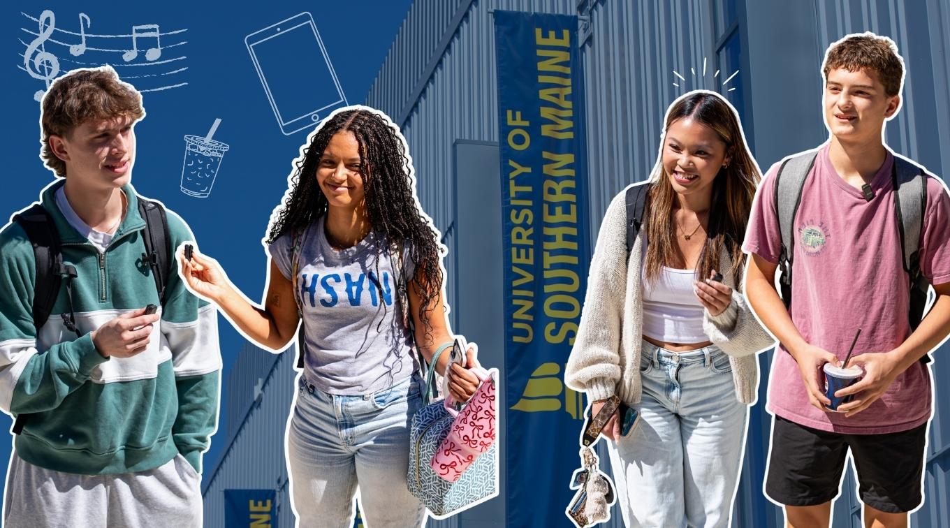 Students placed over top USM backdrop with graphics of various first day of school need.