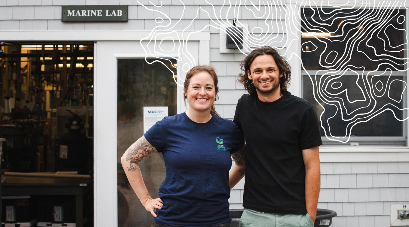 Allison Fogg and Luc Harrison smile together outside the Marine Lab at Schiller Coastal Studies Center, with a white topographic map overlay.